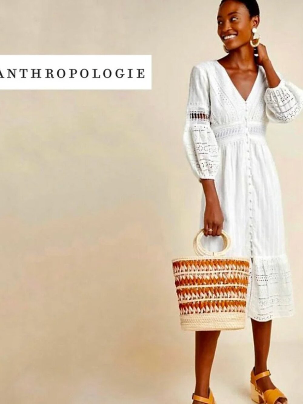 ANTHROPOLOGIE Ebba White Eyelet Midi Peasant Dress with Button Front